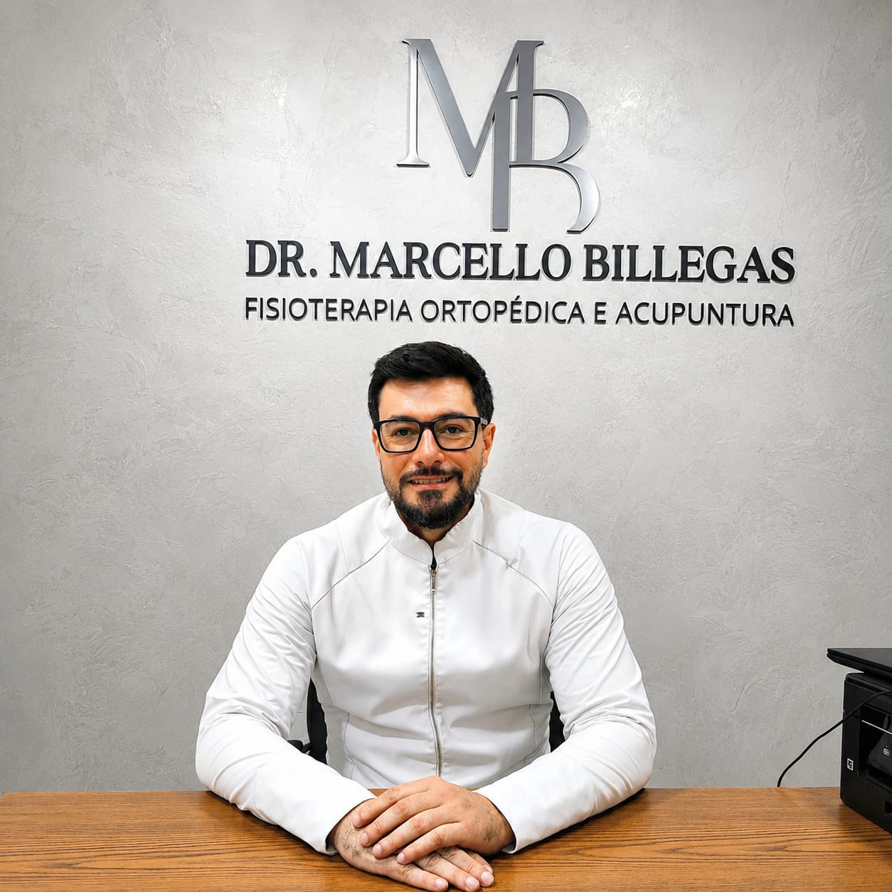 Retrato de Marcello Garcia Billegas em seu consultório, com o logo MB ao fundo.